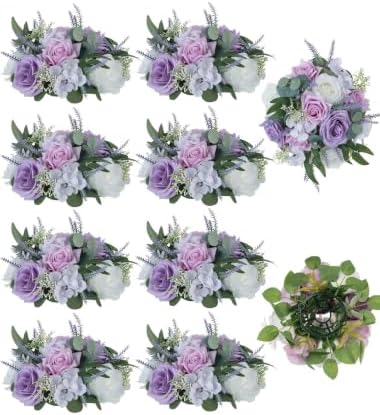 BLOSMON Purple Flowers Artificial for Decoration: 10 Pieces 9.5 Inch Fake Flower Ball Centerpieces for Wedding Tables - Lilac White Rose Lavender Fake Silk Kissing Floral Arrangements by Blosmon