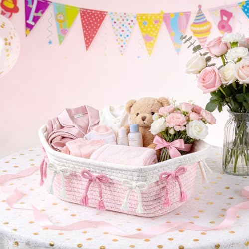 3PC Pink Bow Baskets for Gift Cute Coquette Woven Rope Storage Basket with Handle Laundry Hamper Storage Bins for Home Decor Organization Nursery Baby Shower, 11.8''x7.8''x4.7'' - Image 2