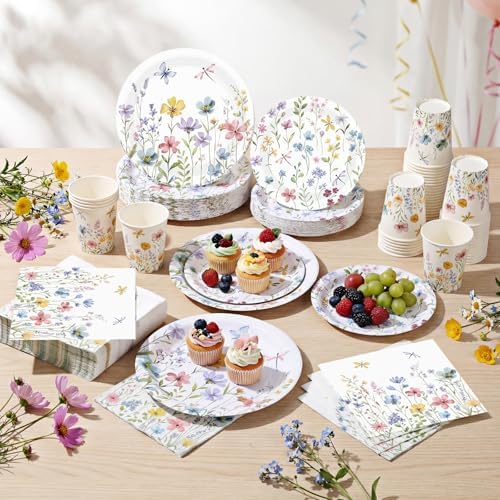 Pickmesh 250 Pcs Spring Floral Disposable Tableware Set Wildflower Butterfly Disposable Paper Plates Napkins and Cups for Baby Bridal Shower Birthday Wedding Baby in Bloom Garden Tea Party Supplies - Image 6