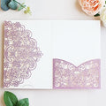 Hosmsua 50PCS Purple Glitter Wedding Invitation Pocket, 5.12 x 7.2 Laser Cut Lace Flora Quinceanera Invitation Pockets with Envelopes for Wedding Bridal Shower Quince Invite (No Inner Sheet) by Hosmsua