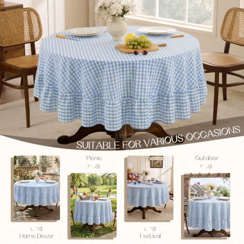 Romanstile Gingham Ruffled Round Tablecloth, 70 Inch, Light Blue - Image 6