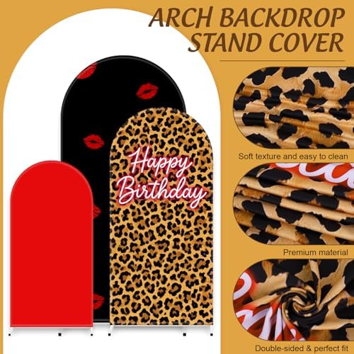 FYSUIMU 3 Pcs Leopard Print Happy Birthday Arch Backdrop Covers Red Black Cheetah Print Lips Stretchy Spandex Arch Stand Fabric Cover for Birthday Party Decor Photo Background (4ft/5ft/6ft) - Image 3