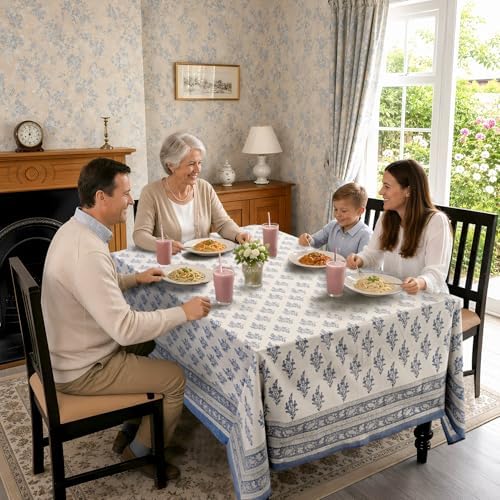 Ridhi Coastal Blue Hand Block Print Cotton Tablecloth 190 x 72 Inch - Image 3