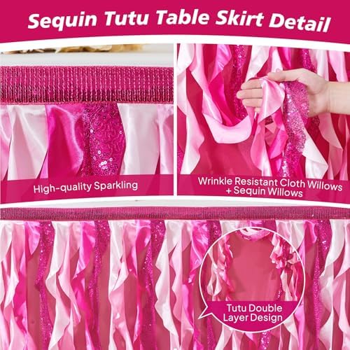 Wish Care 6ft Pink Sequin Table Skirt for Rectangle Tables Glitter Curly Willow Fuchsia Tutu Skirt Ruffle Table Cloth Desk Skirts for Princess Girls Birthday Baby Shower Party Cake Table Decorations - Image 5