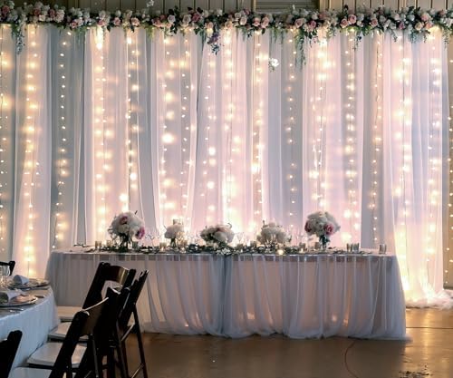 White Tulle Backdrop Curtain with Lights String for Parties Wedding Bridal Shower Sheer White Curtain Backdrop for Birthday Baby Shower Photo Booth Photography Background Decorations 20ft x 10ft - Image 3