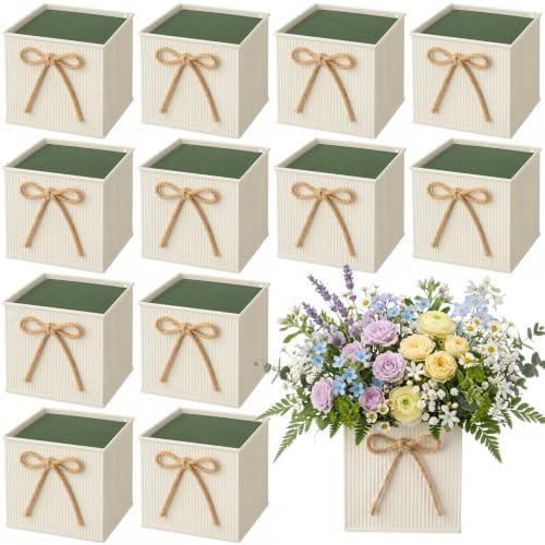 12 Pack Galvanized Square Vases with Floral Foam 3.5 Inch, Beige by Unknown