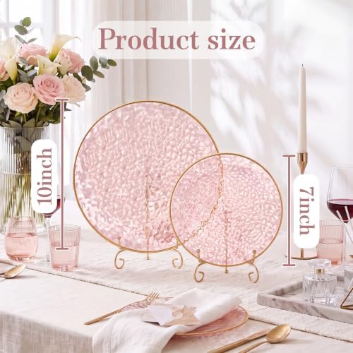 Rubtlamp 60Pcs Pink Plastic Plates,Clear Pink Plates With Gold Rim,Hammered Gold Plates Include 30Pink Plastic Dessert Platos, 30Gold Dinner Platos For Party - Image 2