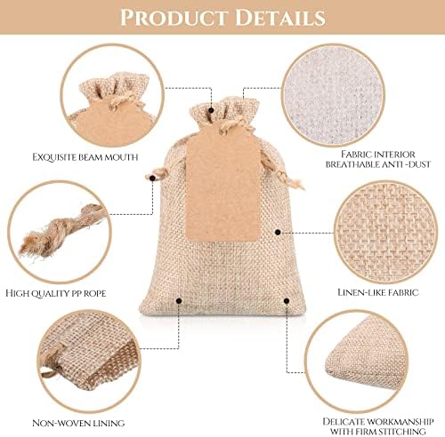 Woanger 100 Pcs Drawstring Burlap Gift Bags 4x6 Inch with Tags, Light Brown - Image 3