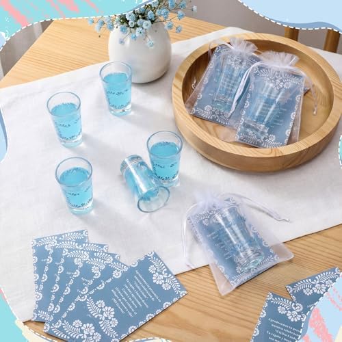 SiliFine 50 Sets Cielito Lindo Baby Shower Favors Shot Glasses for Guests Bulk 1.5oz Recuerdos Para Boda Wedding Shot Glass Thank You Card Bag for Guest Talavera Bridal Baby Shower(Blue) - Image 2