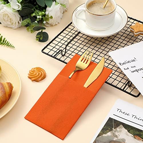 Cindeer 150 Pcs Orange Linen Dinner Napkins with Built in Flatware - Image 3