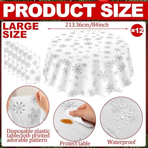 Ganeen 12 Pcs White Snowflake Round Tablecloth 84 Inch Plastic Christmas - Image 2