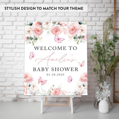 Andaz Press Butterfly Baby Shower Decorations - 16x20-Inch "A Little Butterfly Is On Her Way" Personalized Sign, Peach Florals Welcome To Baby Shower Guest Book Alternative - Image 3
