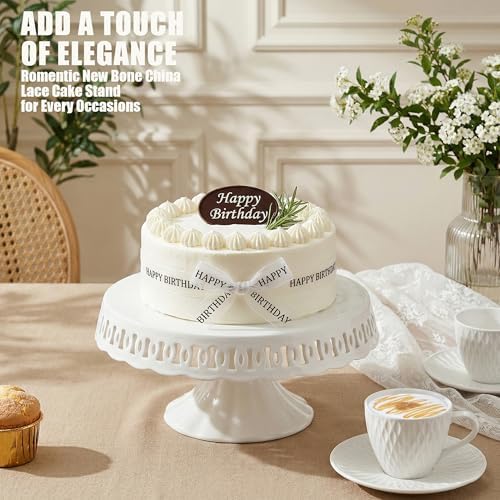 10" x 5.1" White Round Ceramic Cake Stand, Elegant Lace Cake Platter, Dessert Candy Fruit Cupcake Pie Stand, for Birthday Dinner Party Wedding Anniversary Baby Shower Engagement Christmas & Home Decor - Image 3