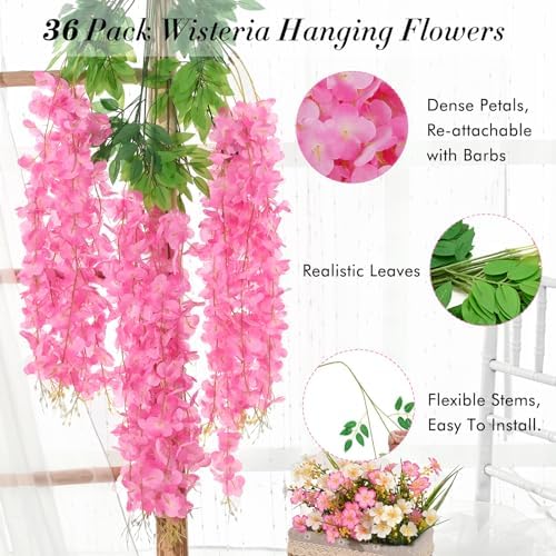 Waipfaru 36 Pack Wisteria Hanging Flowers, 3.6 Feet/Pcs Pink Wisteria Artificial Flowers, Fake Flowers Garland, Hanging Vines for Bedroom Wedding Home Party Wall Decoration - Image 3
