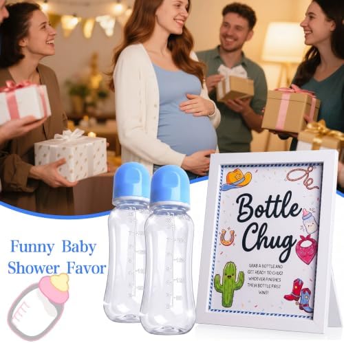 Funny Bottle Chug Baby Shower Drinking Game for 15 Guests, Includes 15 Pack 8.5oz Baby Bottles with Nipples & Standing Wood Framed Sign, Western Cowboy Baby Shower Favors & Party Activities(Blue) - Image 5