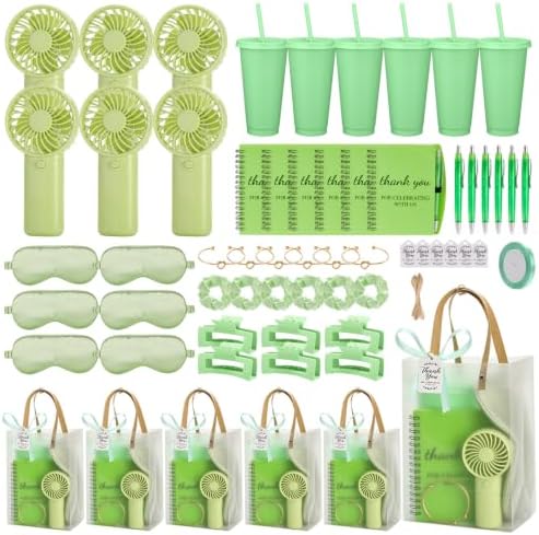 62Pcs Baby Shower Prizes for Guest Winners Handheld Fan Party Favor Set Thank You Gift with Plastic Tumbler,Notebooks,Hair Claw Gift Bags for Party Game Wedding Bridal Shower Favors (Green, 6 Sets) by Rigibright
