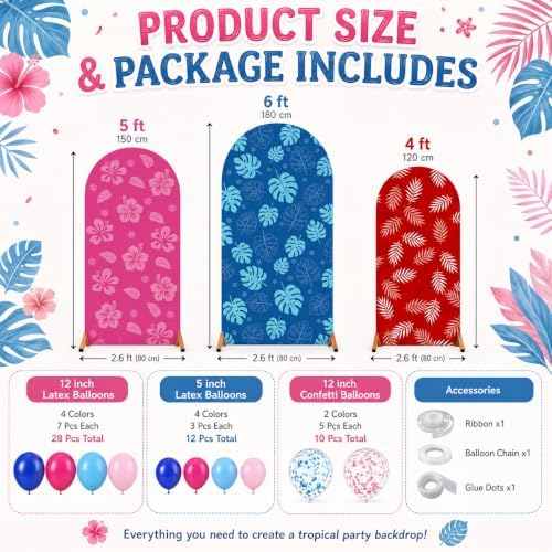 Cinrobiye 50PCS Tropical Summer Arch Backdrop Cover Set for 4FT 5FT 6FT Round Stands, Spandex Hawaii Party Backgrounds with Balloon, Beach Birthday, Pool Party, Hawaiian Luau Photo Booth Decor - Image 2