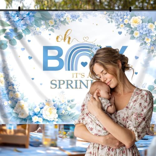 10x6.5ft Baby Shower Backdrop Decorations Blue Floral Baby Shower Banner Backdrop Photo Booth Background for Baby Party Photography Props for Boy's or Girl's Party Supplies(Boy Style) - Image 3
