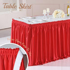 17ft Length Red Satin Table Skirt for Rectangle Tables, Wrinkle Resistant Pleated Ruffle Table Cloth Glitter Desk Skirting for Weddings Banquet Birthday Party Bridal Shower Decorations - Image 4