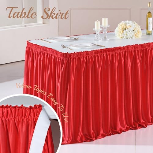 17ft Length Red Satin Table Skirt for Rectangle Tables, Wrinkle Resistant Pleated Ruffle Table Cloth Glitter Desk Skirting for Weddings Banquet Birthday Party Bridal Shower Decorations - Image 4