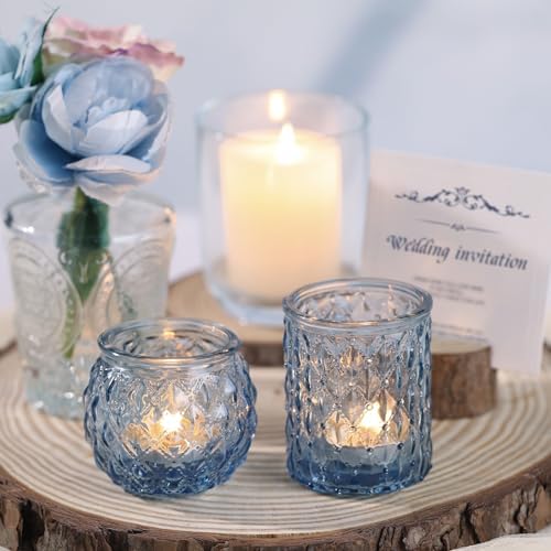 DARJEN Blue Votive Candle Holders Set of 24- Round Candle Holders Bulk, Glass Candle Holder for Vintage Decoration, Tea Lights Candle Holders for Wedding Shower, Party & Gift - Image 5