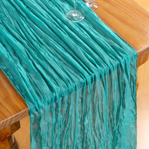 DeZerlor Teal Green Cheesecloth Table Runner 1 Pack Summer Boho Runner - Image 2