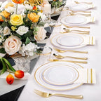 NOCCUR 700PCS Gold Plastic Plates - Gold Disposable Dinnerware Set for 100 - Include 200 Dinner/Dessert Plates, 300 Cutlery, 100 Cups, 100 Napkins, Idea for Wedding/Party/New Year - Image 6
