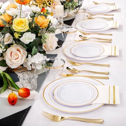 NOCCUR 700PCS Gold Plastic Plates - Gold Disposable Dinnerware Set for 100 - Include 200 Dinner/Dessert Plates, 300 Cutlery, 100 Cups, 100 Napkins, Idea for Wedding/Party/New Year - Image 6