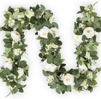 MAKHOT 2Pack White 6.6 Ft Eucalyptus Garland with Lovely Faux Rose Flowers, Artificial Eucalyptus and Rose Garlands Decor, Floral Greenery Garland for Wedding Home Table Decor (White) by MAKHOT