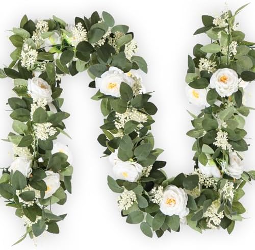 MAKHOT 2Pack White 6.6 Ft Eucalyptus Garland with Lovely Faux Rose Flowers, Artificial Eucalyptus and Rose Garlands Decor, Floral Greenery Garland for Wedding Home Table Decor (White) by MAKHOT
