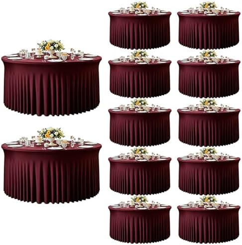 12 Pack 132inch Burgundy Round Tablecloth, Circle Stretch Table Cloths for 6 FT Tables, Wrinkle Free Round Table Skirt for Wedding Birthday Photography Party Social Events Engagement Party Decoration by Creativepartyuniquedecorat