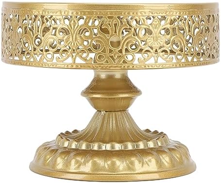 Vintage Golden Cake Stand, Round Metal Dessert Display Plate, Small, Elegant Carved Design for Weddings and Parties by Aqur2020