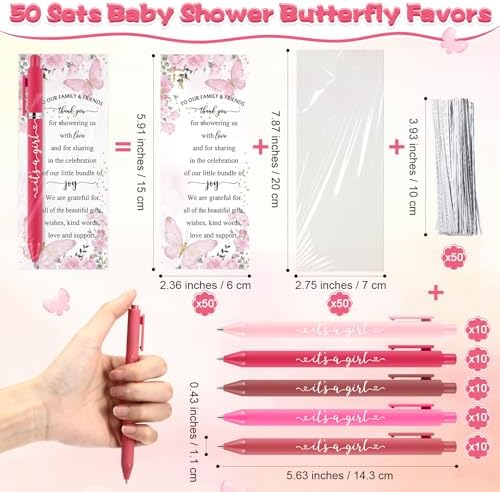 Engrowtic 50 Set Baby Shower Gifts Pens for Guests Bulk Baby Shower Party Favors Retractable Ballpoint Pens with Thank You Cards Gender Reveal Souvenirs Prizes Supplies Return Gifts (Pink Butterfly) - Image 3