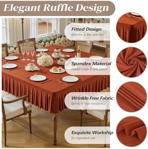 Wish Care Rust Spandex Tablecloths for 60x60 Inch Square Tables, Stretch Fitted Table Clothes with Pleated Ruffle Skirt for 60” Table, Wrinkle Free and Elastic, for Party Kitchen Home Dining - Image 5