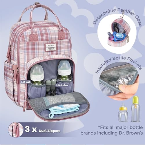 RUVALINO Diaper Bag Backpack, Multifunction Travel Pack Maternity Baby Changing Bags, Large Capacity, Waterproof, Pink Plaid - Image 2