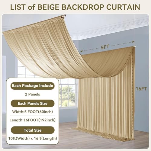 10x16ft Beige Backdrop Curtains for Wedding Party, 2 Panels 16 ft Long Back Drop Cloth, Wrinkle-Free Polyester Drapes for Birthday, Baby Shower, Stage Photography Background - Image 3
