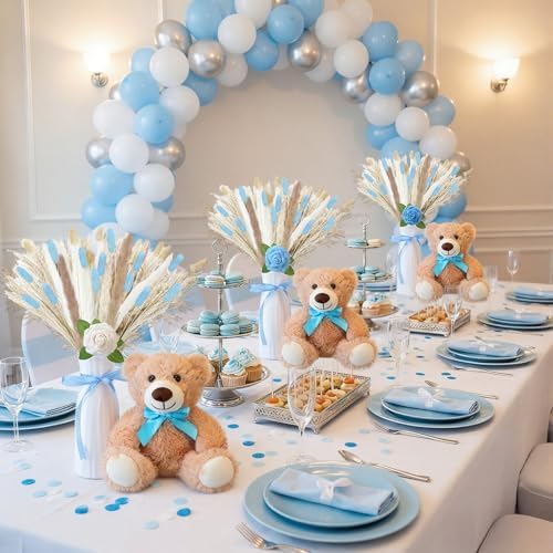 4 Sets 125 Pcs Bear Baby Shower Table Centerpiece with Bear Stuffed Animals Blue Dried Pampas Grass Artificial Flower Plastic Vase for Boho Wedding Bridal Reveal Birthday Baby Shower Decor - Image 6