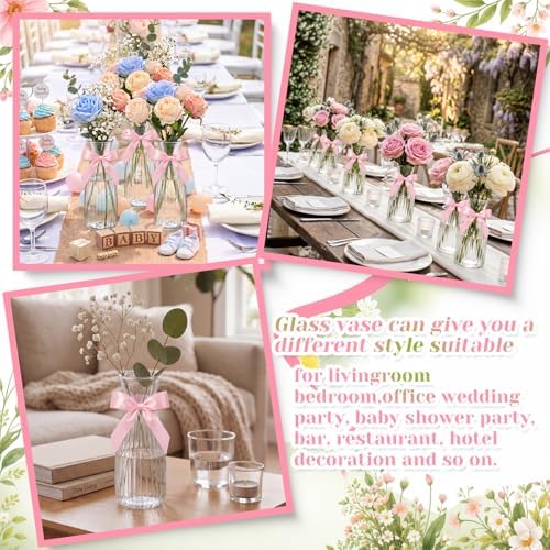 LemonRoad 12 Pcs Vintage Plastic Vases for Centerpieces Small Clear Flower Vase with Pink Ribbon for Farmhouse Wedding Housewarming Pink Birthday Party Favors Rustic Home Tabletop Decoration - Image 5