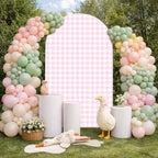 Silly Goose Arch Backdrop Cover Plaids Gingham Stretchy Spandex Arch Stand Cover for Girl Boy 1st Birthday Party Easter Baby Shower Decoration (6.6FT,Pink) - Image 3