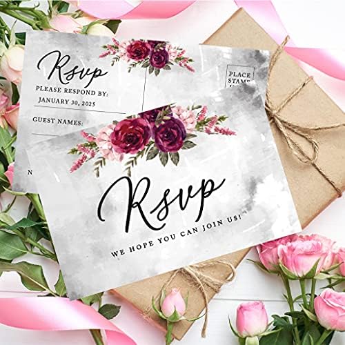Andaz Press 56-Pack Personalized RSVP Postcards for Wedding Fall Burgundy Florals Cardstock Response Reply Cards for Bridal Shower Baby Shower Birthday Event Custom Date and Return Address 4 x 6-Inch - Image 3