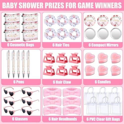 Dansydaisy 6 Sets Baby Shower Prizes for Game Winners Cosmetic Bags Sunglasses Hair Scrunchies Mirrors Pens Claw Clips Hair Headbands Candles Gift Bag for Baby Shower Wedding Bridal Shower Game Favors - Image 2