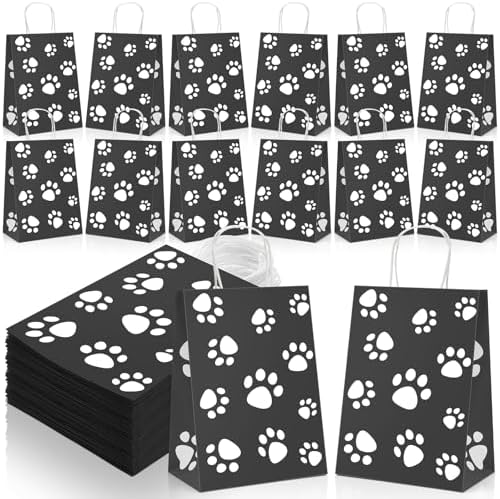 Tenceur 80 Pcs Dog Gift Bags Goodie Paw Puppy Paper Treat Bags Bulk with Handles 10.63 x 4.72 x 7.87 Inch Dog Themed Party Favors Shopping Holiday Kraft(Black) by Tenceur