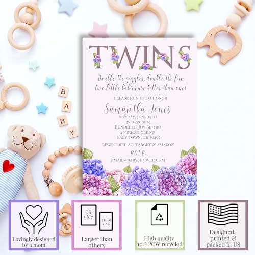 Amanda Creation Custom Baby Shower Invites Watercolor Hydrangea Baby Shower Invitation for Twins 20 5x7 Personalized Invites With Envelopes - Image 2