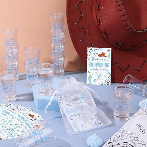 60 Sets Western Cowboy Baby Shower Acrylic Shot Glasses A Little Cowboy is On The Way Shot Glasses with Thank You Cards Organza Bags for Gender Reveal Cowboy Themed Birthday (Blue) - Image 4