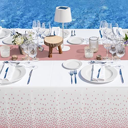 Disposable Plastic Tablecloth (White and Rose Gold Dot) And Satin Table Runner (Rose Gold) Set for Wedding Birthday Baby Shower Anniversary Christmas New Year Party, 16 Pack - Image 5