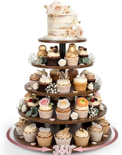 Funnymoom 5 Tier Large Round Cupcake Stand for 100 Cupcake Rustic Cupcakes Tower 360° Rotatable Wooden Cupcakes Holder Table Display Dessert Stand for Birthday Graduation Baby Shower Wedding 20.9'' by Funnymoom
