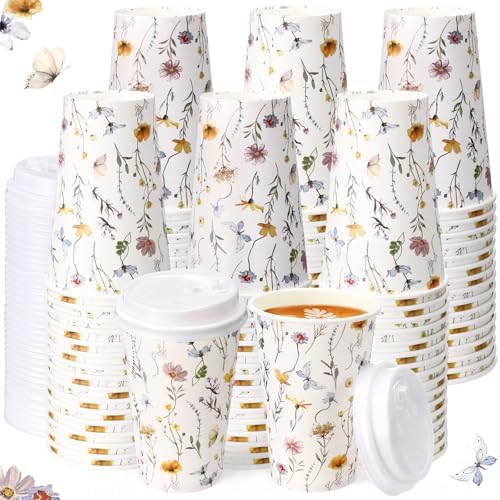 Funnymoom 100 Pieces Wildflower Disposable Paper Cups with 120 Lids 12oz Coffee Wildflower Coffee Cups for Spring Floral Themed Birthday Bridal Wedding Tea Party Baby Shower by Funnymoom
