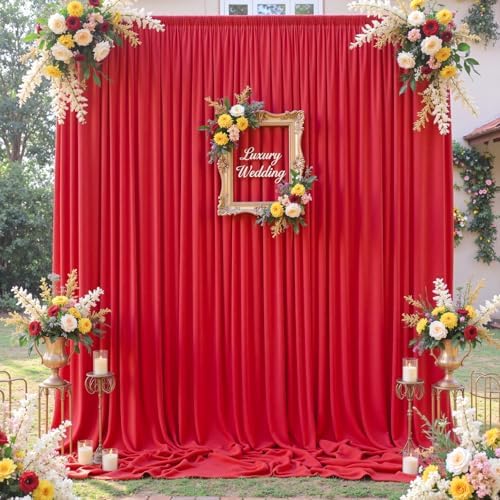 10×12ft Wrinkle Free Red Backdrop Curtain for Wedding Parties,2 Panels 5×12ft Long Soft Silky Polyester Backdrop Drapes Red Photo Back Drop Curtains for Photography Stage Christmas Background Cloth by ENJOYYOURPARTY