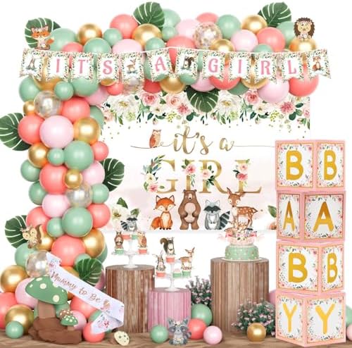 Woodland Baby Shower Decorations Girl, Forest Animal Gender Neutral Baby Shower Party Decorations Its a Girl Backdrop Balloon Garland Banner Box Cutout Cake Cupcake Topper Sash Pink by Fiesec