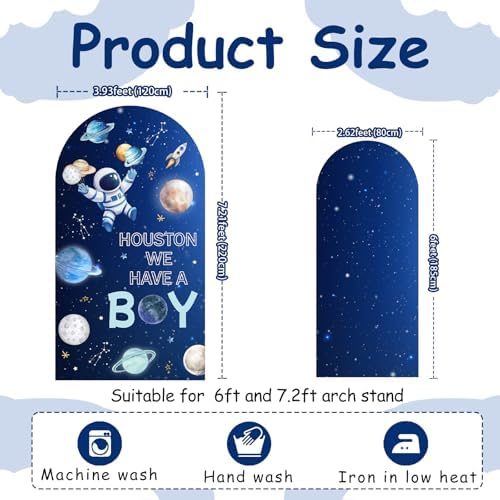2PCS Outer Space Baby Shower Arch Backdrop Cover Houston We Have a Boy Backdrop 6ft 7.2ft Stretchy Spandex Galaxy Astronaut Arch Stand Cover for Houston We Have a Boy Baby Shower Party Decors - Image 5